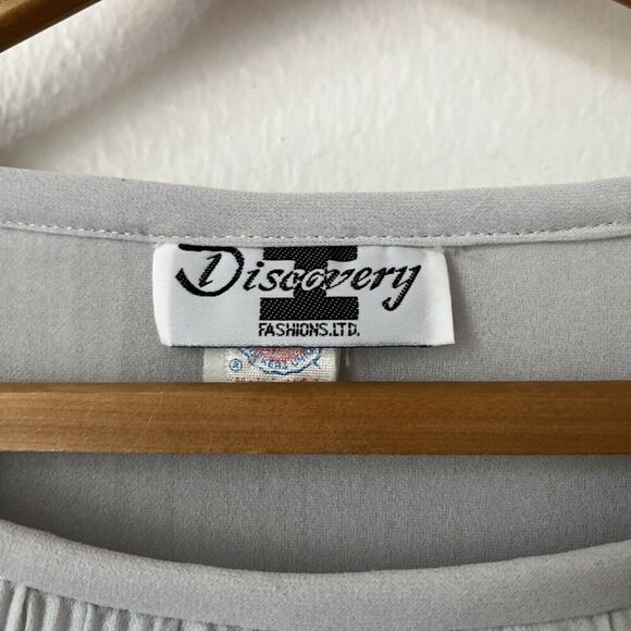 60s silver pleat‎ womens dress midi blouson chiffon long sleeve disco retro M - Picture 2 of 9